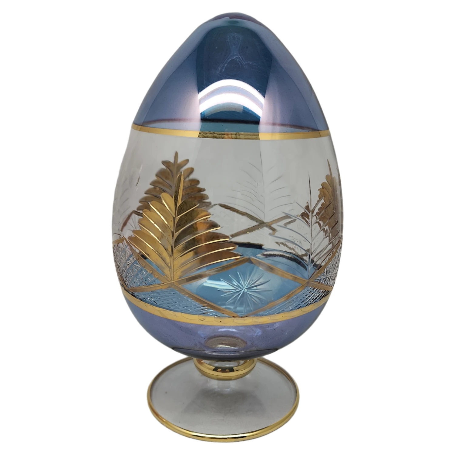 Blue Glass Etched Egg With Gold Accents 1 Blue Glass Etched Egg With Gold Accents