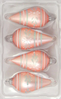 Coral Velvet Glass 4 Pack Ornaments With Aqua Burst - Teardrops