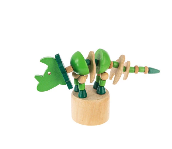 Wood Push Puppet Dinosaur - Green Triceratops 1 Wood Push Puppet Dinosaur - Green Triceratops