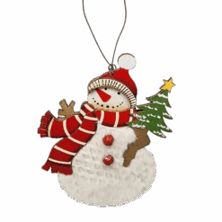 Wood And Fur Snowman Ornament - Holding A Tree