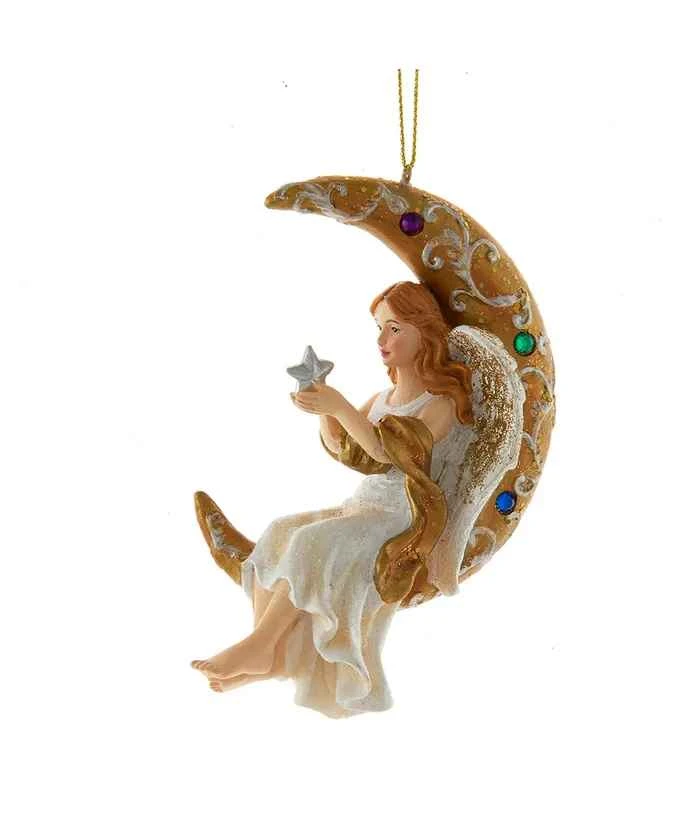 Kurt Adler Jeweled White And Gold Angel On Moon Ornament 1 Kurt Adler Jeweled White And Gold Angel On Moon Ornament