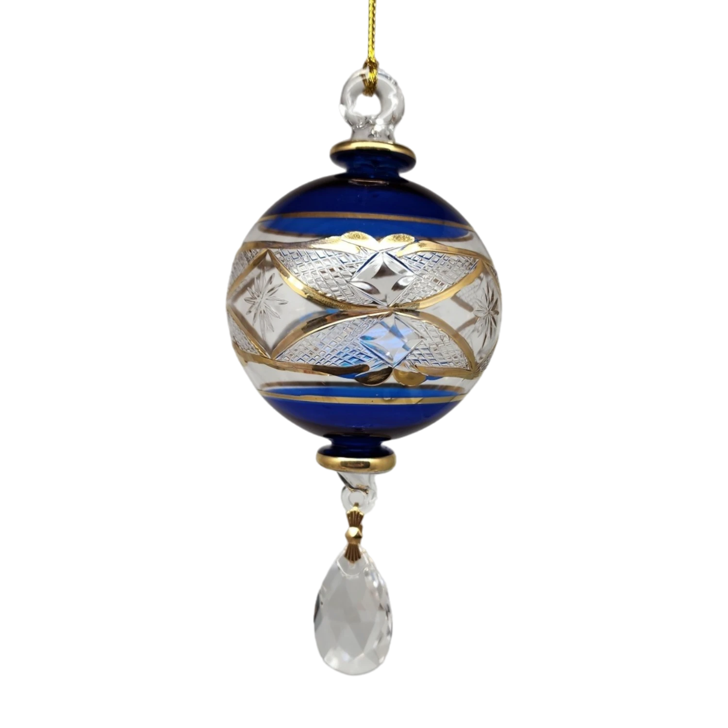 Etched Blown Glass Ball With Crystal Dangle - Blue 1 Etched Blown Glass Ball With Crystal Dangle - Blue