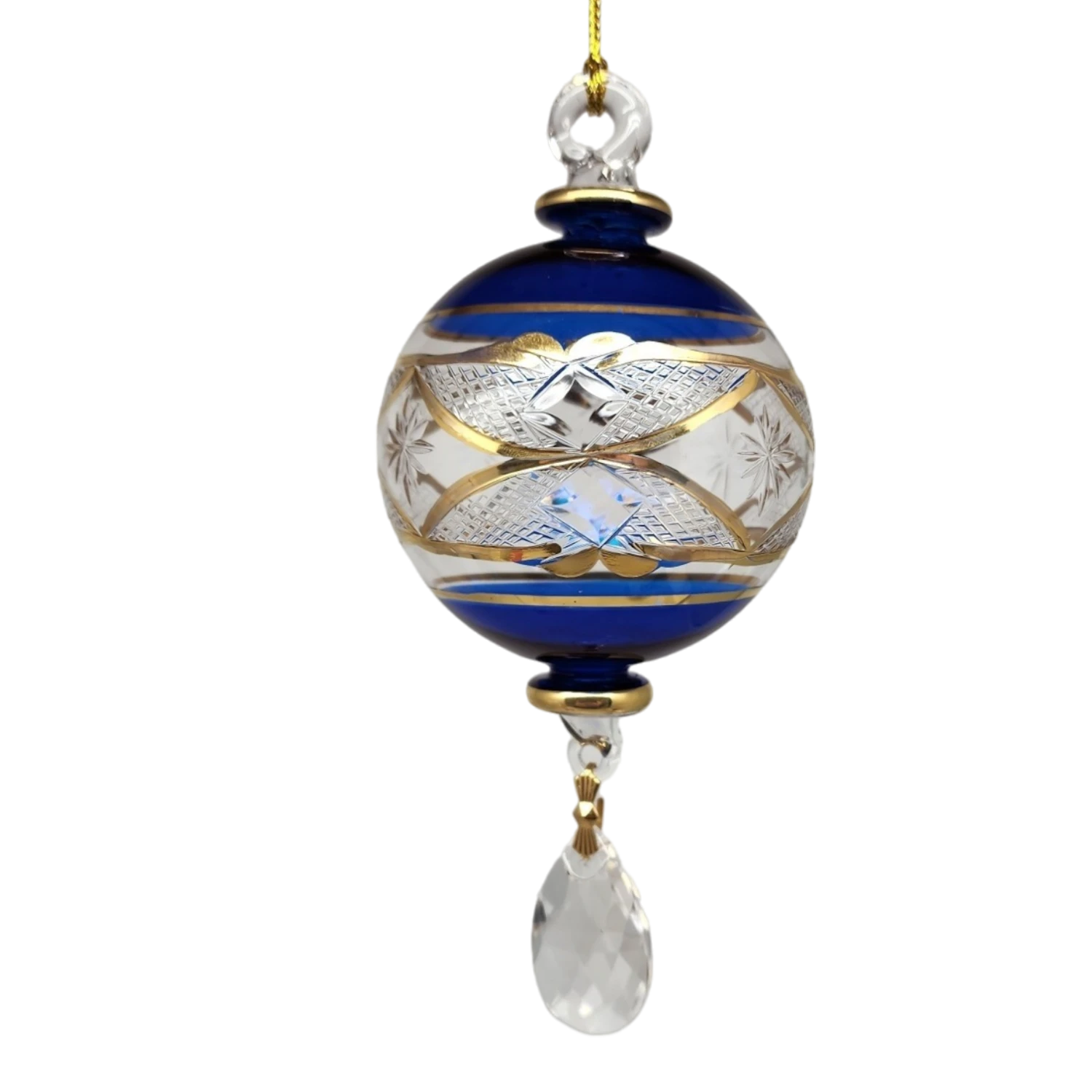 Etched Blown Glass Ball With Crystal Dangle - Blue 4 Etched Blown Glass Ball With Crystal Dangle - Blue - Image 4