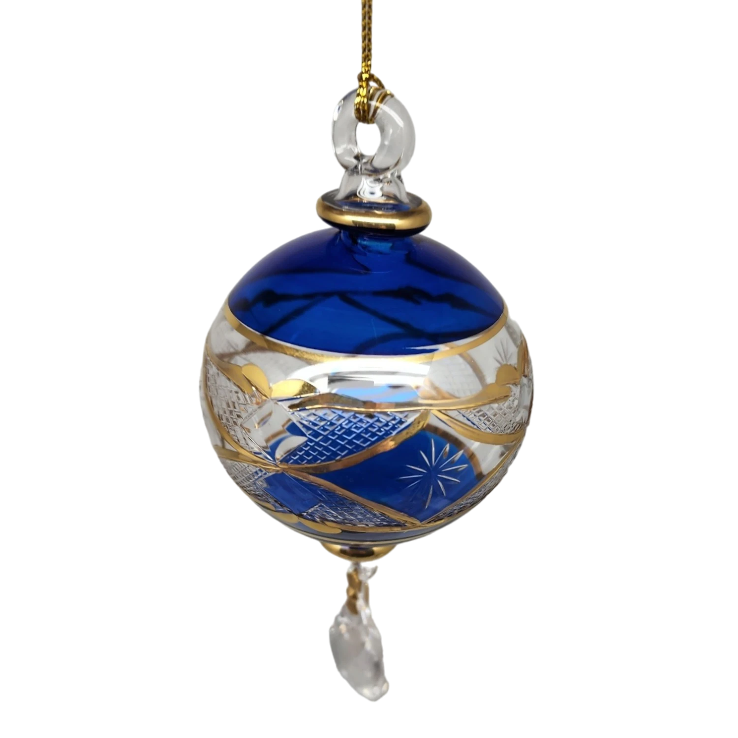 Etched Blown Glass Ball With Crystal Dangle - Blue 2 Etched Blown Glass Ball With Crystal Dangle - Blue - Image 2