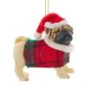 Kurt Adler Tan Pug With Plaid Coat And Santa Hat