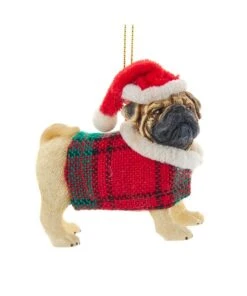 Kurt Adler Tan Pug With Plaid Coat And Santa Hat