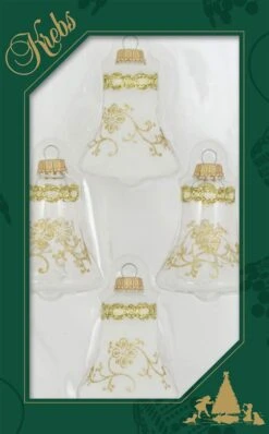 Clear And Frosted Gold Glitterlace And Braid Bell Ornaments - 4 Piece Set