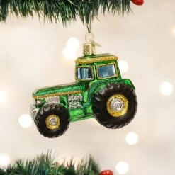 Green Tractor Glass Ornament