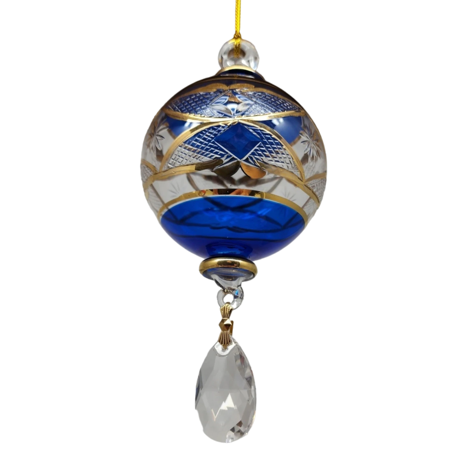 Etched Blown Glass Ball With Crystal Dangle - Blue 3 Etched Blown Glass Ball With Crystal Dangle - Blue - Image 3